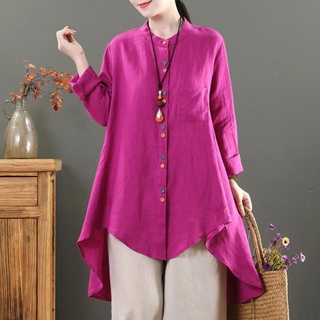Retro algodón lino Irregular camisa Color botón primavera y otoño suelto gran tamaño todo-partido de la mitad de la longitud de manga larga superior