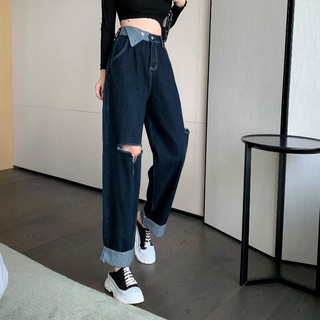 Hong Kong Estilo chic Ripped Suelto De Gran Tamaño Jeans De Las Mujeres De Moda 2021 Cintura Alta Pierna Ancha Papá Pantalones 3.1 (6)