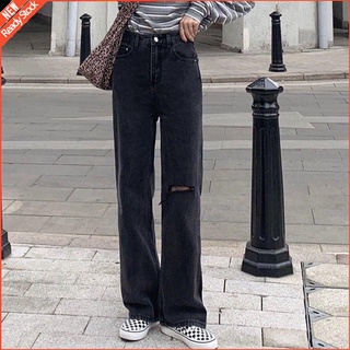 Koyak pantalones largos más el tamaño de nuevo: perempuan jeans mujeres versión de verano de ins retro cintura alta negro rasgado s recto suelto y delgado ancho de la pierna pantalones largos