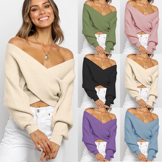 Women's Fashion Long Sleeve Knit Top V-neck Solid Color Pullover Sweater
