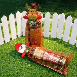 lindo rojo santa claus muñeco de nieve bolsa patrón botella de vino cubierta conjunto con cinta decoraciones de navidad para el hogar