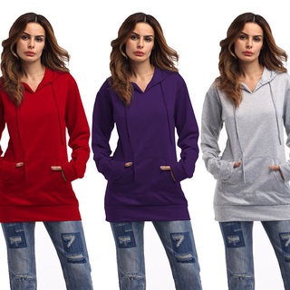 Bs Color sólido de manga larga de longitud media de las mujeres sudadera con capucha suelta jersey con capucha 0928