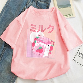 Strawberry Milk Print Women's Cute T-Shirt Harajuku Kawaii Pink t-Shirt Short Sleeve