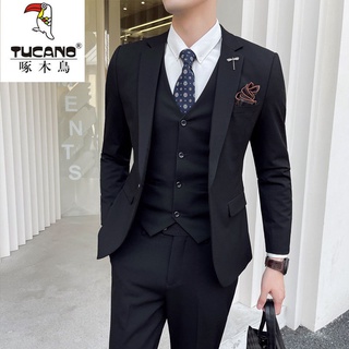 Traje de pájaro carpintero de tres piezas para hombre vestido de novia Casual Formal traje pequeño atractivo estilo coreano ajustado estilo inglés (8)
