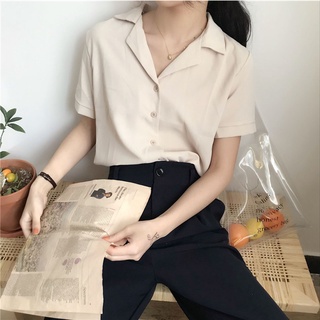 ✩Tw✲Las mujeres de verano de manga corta camisa de gasa V-cuello de Color sólido blusa suelta Casual solapa ropa de oficina camisa