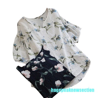 [J] Plus tamaño mujer algodón lino Floral Tops señoras verano holgado camisetas blusa