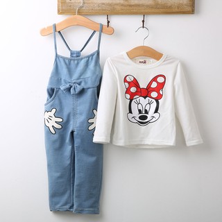 a6l-cartoon niños niñas bebé minnie mouse t-shirt+denim babero pantalones 2pcs trajes