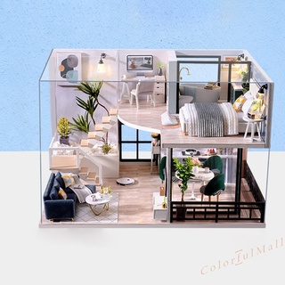 (ColorfulMall) Casa de muñecas en miniatura 3D DIY de madera de dos pisos Loft hecho a mano modelo decoración de habitación (7)