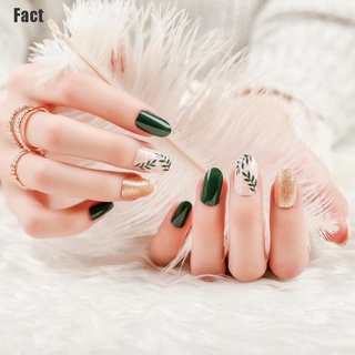 [Funfact1] 24 piezas de hoja verde cubierta completa uñas postizas artificiales falsas puntas naturales cortas pegamento [hecho]