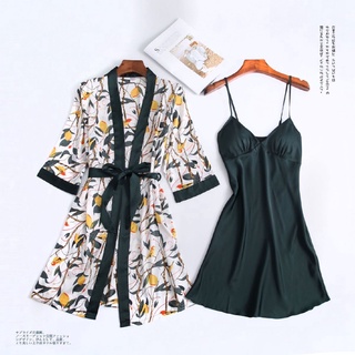 Verano nueva imitación de seda de las mujeres conjunto de túnica de impresión de moda de manga larga traje de pijama