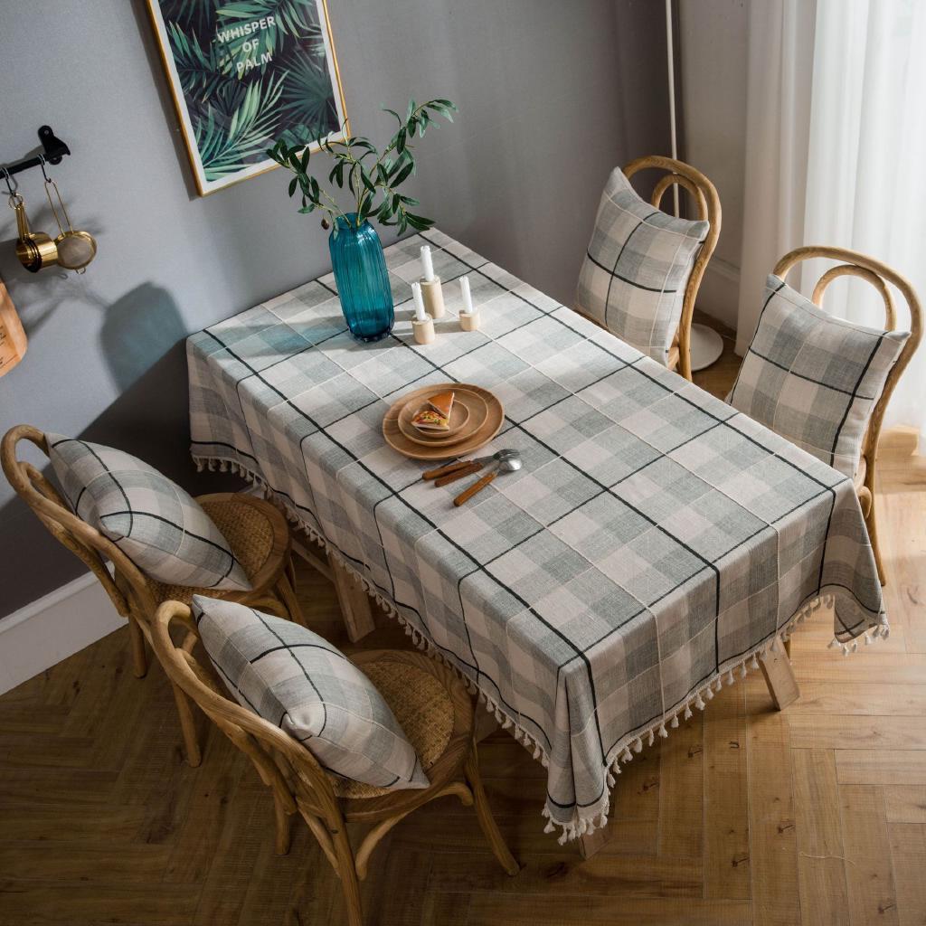 Mantel a cuadros gris bordado borla de algodón y lino rectangular mesa de café mantel