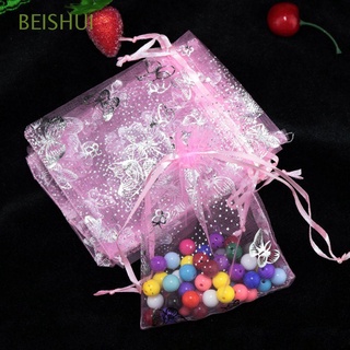 BEISHUI 100Pcs Packaging Bags Butterfly Design Drawstring Jewelry Pouches Wedding Party Candy Bags Organza Bags 7x9cm Gift Favor/Multicolor