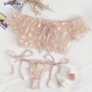 [gan] Traje De Lencería Para Mujer Sexy Transparente Estampado Floral Malla Crop Top Tie-Waist Tanga-Panty .