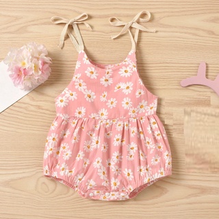 Summer Sleeveless Round Neck Baby Girls Bowknot Lace Pink Sunflower Sling Romper ♥sjaded♥