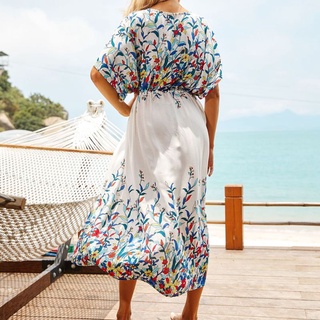 KALEN Women Short Sleeve Maxi Long Bikini Cover Up Floral Print Beach Kimono Cardigan (8)