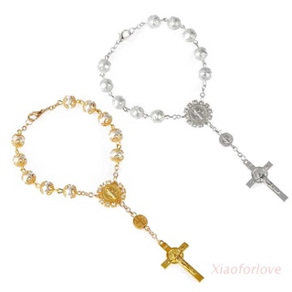 XIA pulsera de perlas de vidrio cristiano cruz católica plata rosario pulsera religiosa joyería para mujeres hombres