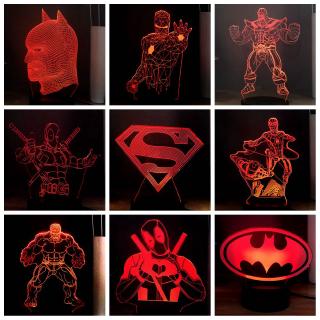 superman batman iron man spider man thanos led luz de noche usb remoto 3d escritorio lámpara de noche marvel fans regalo