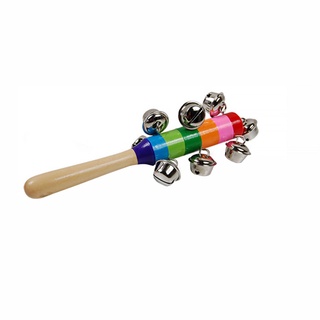 m3- color vivo arco iris mango campanas de madera jingle palo shaker sonajero bebé niños niños juguete musical