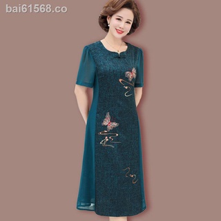 Vestido de mediana edad y ancianos Vestido de mujer de mediana edad noble occidental corto sobre la rodilla falda larga Vestido de verano de la madre de 50 años falda cheongsam