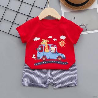 conjunto de camisa con estampado de dibujos animados de manga corta+pantalones cortos para bebés/niños (1)