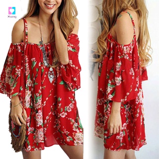 Women's Printed V Neck Cold Shoulder Sling Dress Loose Red Vintage Dress Summer Beach Supply