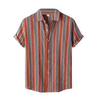 [disponible En inventario] camisa de rayas Vertical Casual para hombre con botón de manga corta cuello de Turn-Down~ [Bgk]