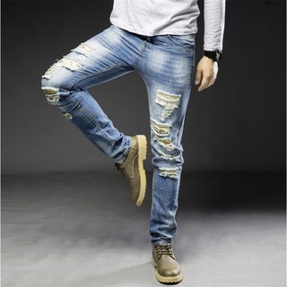 hombres jeans color sólido agujeros recto slim fit pantalones largos pantalones casuales (9)
