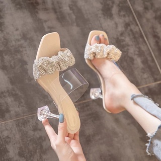 HL Zapatillas de mujer diamantes de imitación transparente Semi-arrastrar exterior sandalias de verano 2021 nueva moda sandalias 2021: [en]