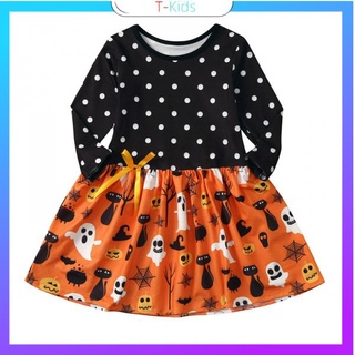 Vestido para niñas de primavera y otoño de manga larga Polka Dot Halloween calabaza ropa para niños ins (1)