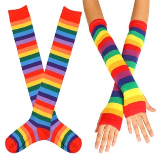 env mujeres arco iris rayas sobre la rodilla muslo calcetines altos calentador de brazo sin dedos guantes conjunto de disfraz de cosplay disfraz de fiesta (7)