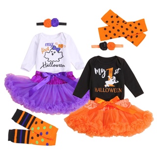 ❂Mx❁4 piezas de trajes de Halloween para niñas, mameluco de manga larga, falda tutú, calentadores de piernas y diadema