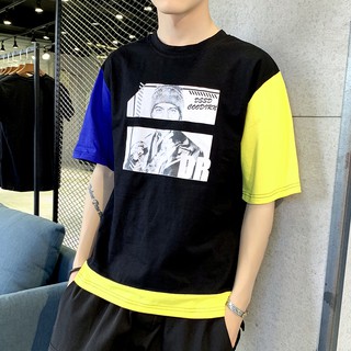 Camiseta de manga corta de los hombres de tendencia impreso cuello redondo media manga