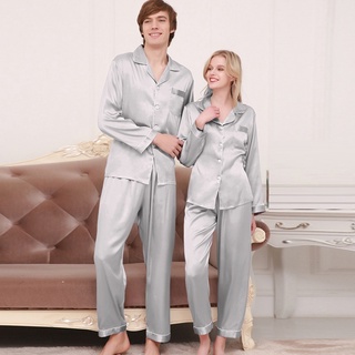 1 Set Couple Outfit Pajamas Men Women Silk Satin Pajama Set Sleepwear Long Sleeve Tops+Long Losse Pants【Please buy two sets for two people】