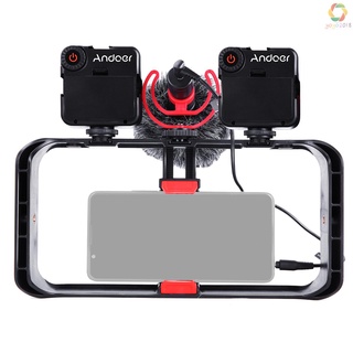 Andoer - Kit de plataforma de Video para Smartphone con 3 monturas de zapata fría, 2 luces de Video LED Mini, micrófono con pantalla de viento para grabación de vídeo Vlog, transmisión en vivo