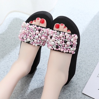 Mujer verano moda perla zapatillas cuñas sandalias antideslizantes zapatillas de playa (7)