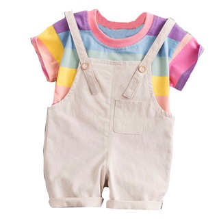 Pinkmans niño bebé niño niños arco iris rayas Tops camiseta correas pantalones trajes conjunto (2)