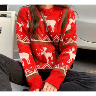 Listo Stock _ Otoño Invierno Nuevo Estilo Coreano Versión Suelta Pareja Árbol De Navidad Fawn Engrosado Jacquard Suéter
