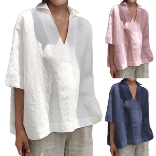 didadia Women Summer Casual Solid Color Deep V Neck Half Sleeve Loose Shirt Blouse Top