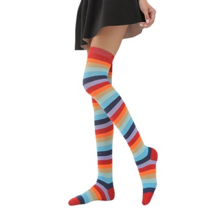 groc mujeres niñas fantasía arco iris rayas coloridas sobre la rodilla calcetines largos de halloween cosplay disfraz de punto elástico muslo medias altas (9)