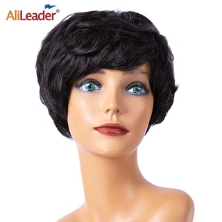 alileader pelucas con flequillos sintético corto negro pelucas naturales ondulado pelo pelucas para mujeres blancas pixie corte corto cosplay pelucas 6inch