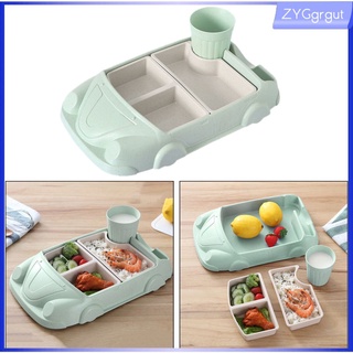 Cartoon Car-Shaped Bamboo Dinner Meal Set 4-Piece Set Divided Plate Bowl Cup