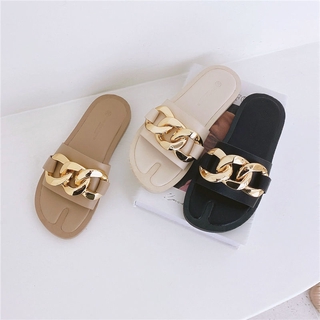 Sandalia flops primavera y verano 2021 nueva moda coreana zapatos de las mujeres negro cadena versátil fondo plano moda abierto sandalias