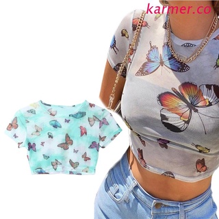 kar2 mujeres verano manga corta o-cuello crop top harajuku colorido mariposa slim t-shirt sexy transparente malla streetwear