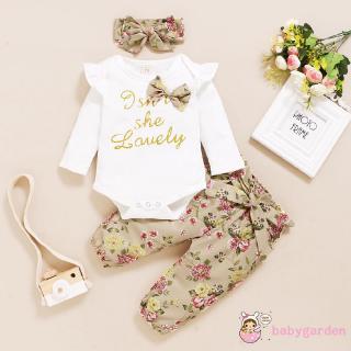 Juego de ropa de bebé niña con letras frescas de manga larga y pantalones florales con diademas turbantes (2)