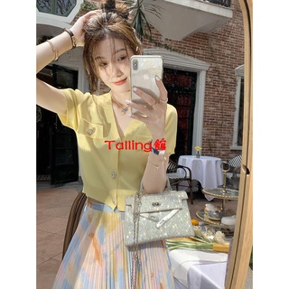 Summer new yellow XIAOXIANGFENG ice silk cardigan gentle short-sleeved V-neck knitted top for women thin