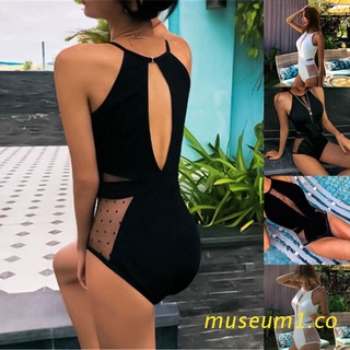 SEUM Mujeres Sexy Bikini De Una Pieza Halter Cuello En V Cintura Alta Monokini Traje De Baño Malla Punto Empalme Con Aros (1)