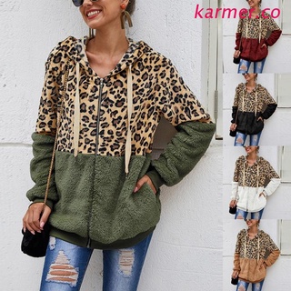 kar2 mujeres de manga larga sudaderas chaqueta leopard patchwork fuzzy felpa sudadera cardigan frontal con cremallera outwear abrigo con bolsillo