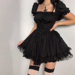 Vintage corsé negro vestido Goth estética encaje hasta cintura alta Mini vestido Harajuku Punk una línea de encaje Patchwork mujeres vestido