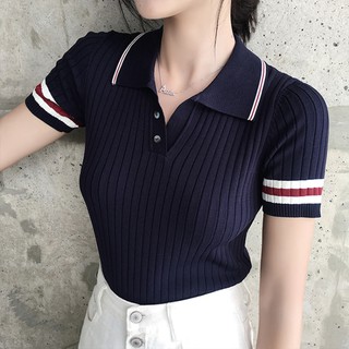 Koreanstyle V-cuello contraste color de punto de las mujeres T-shirt moda poloshirt