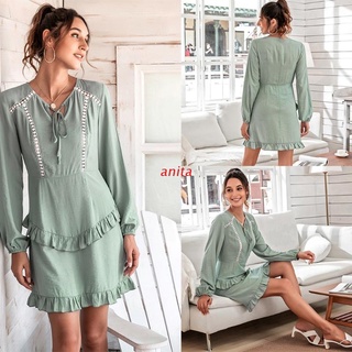 ANT Women Puff Long Sleeves Sexy V Neck Tunic Dress Autumn Summer Party Sundress Female Solid Color Midi Dress Pullover